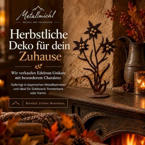 Edelweiss aus Edelrost auf einem Kaminsims mit Herbstdeko