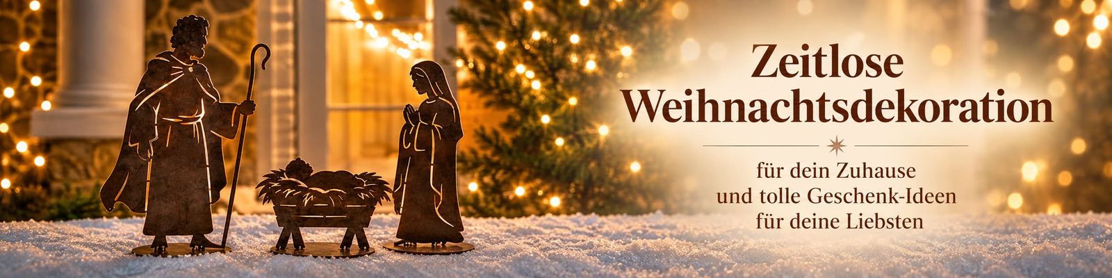 Krippenfiguren aus Edelrost im Schnee vor Lichterketten