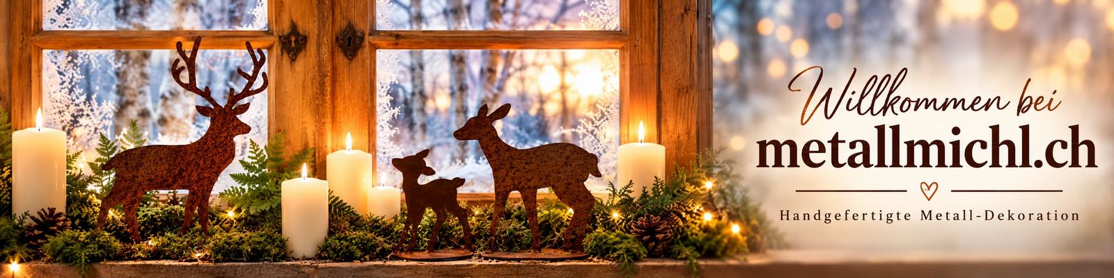 Hirsch und Rehe aus Edelrost auf einer Fensterbank mit Kerzen: Willkommen bei metallmichl.ch